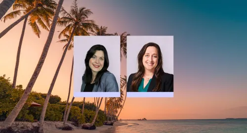 Photos of Kaylee Ranck and Joellen Meckley against a beach sunset background